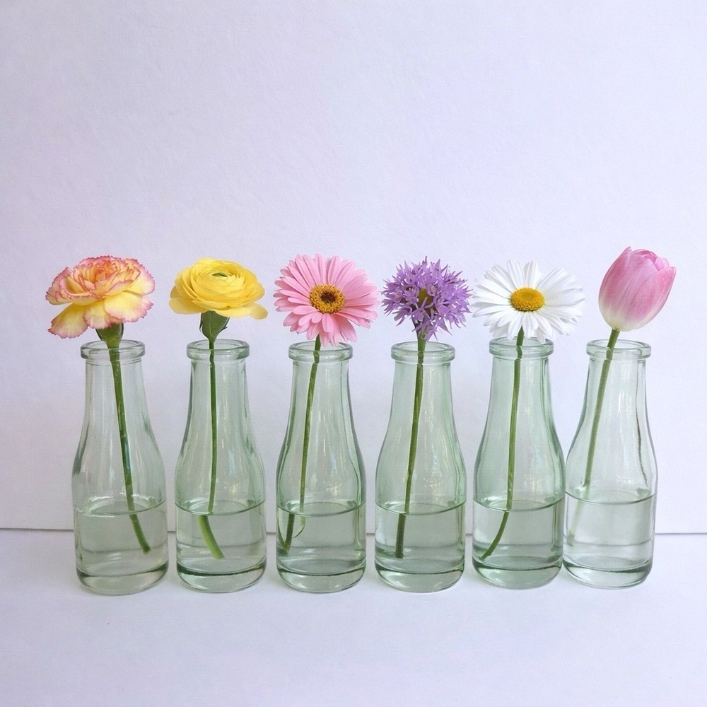 Set of 6 VTG Mini Clear Green Tint Bud Vases 2 oz – Small Flower Bottles 4" Tall